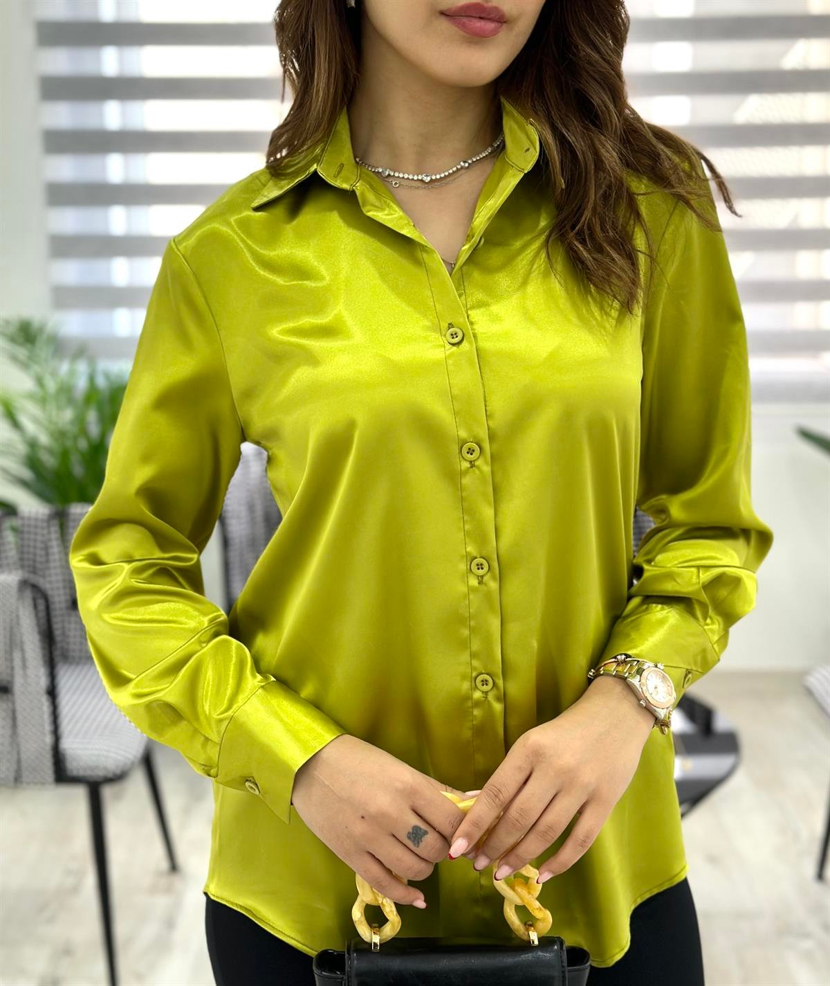 Klasik Saten Gömlek Yağ Yeşili