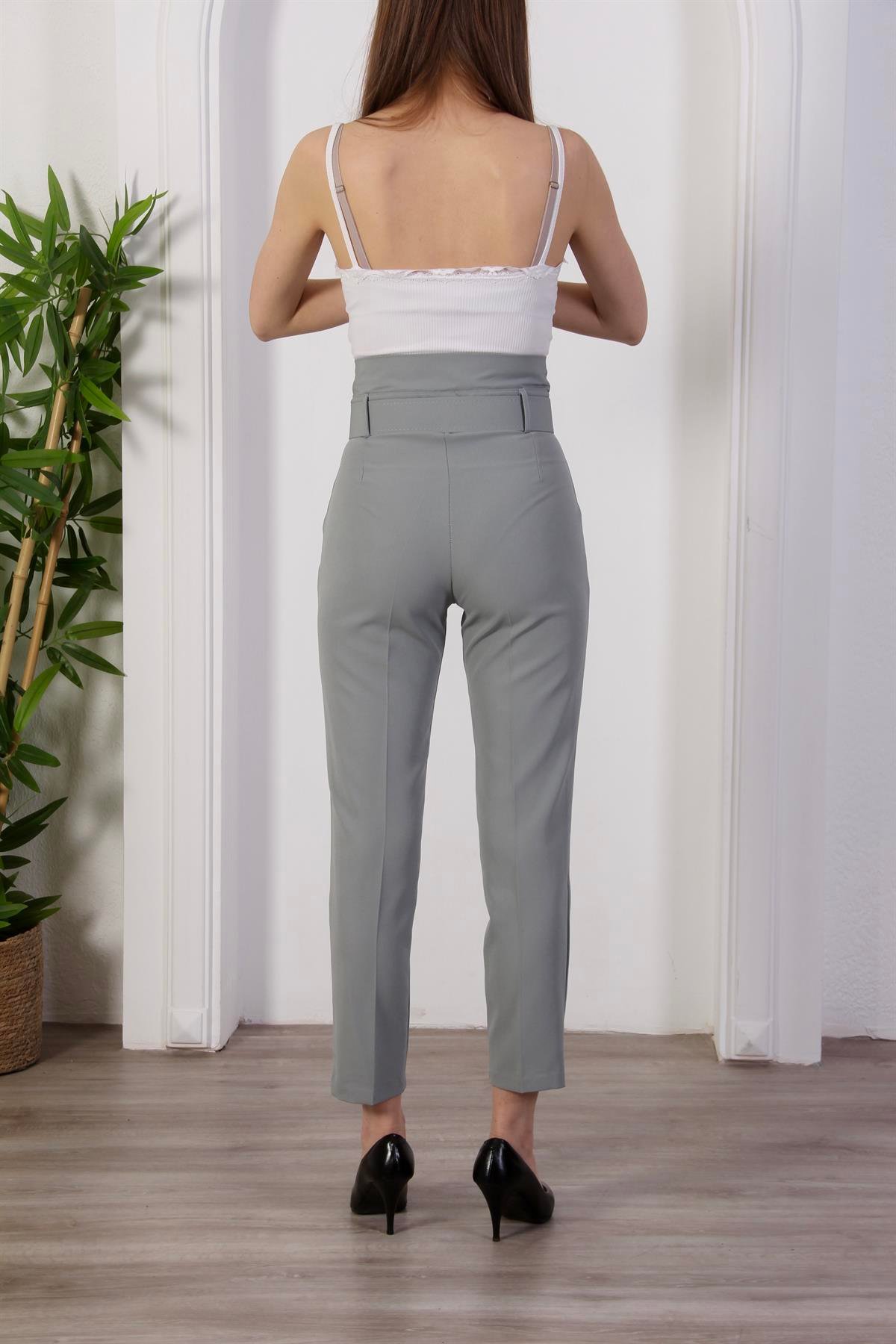 Yüksek Bel Kemerli Dar Paça Pantolon