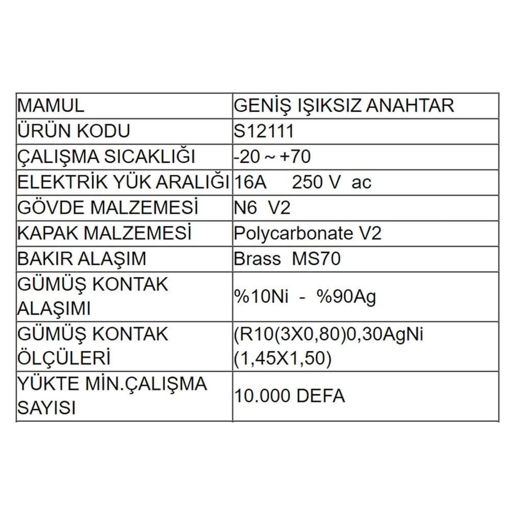 Açma Kapama Anahtar Geniş Işıklı Şalter S12111