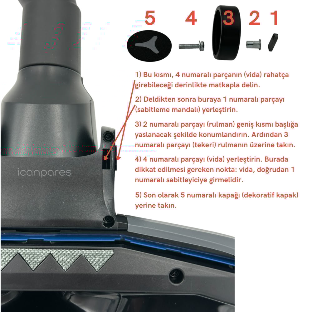 Philips Uyumlu XB 9185 Marathon Ultimate Süpürge TriActive Ultra Emici Başlık Tekerlek Tamir Seti