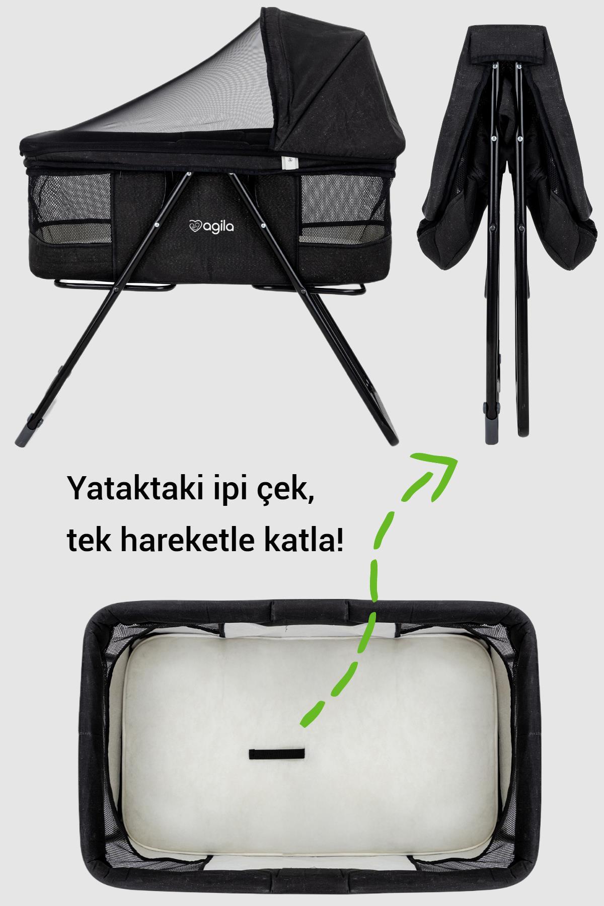 Agila Katlanır Bebek Beşiği, Portatif Beşik, Anne Yanı Bebek Beşiği - Siyah