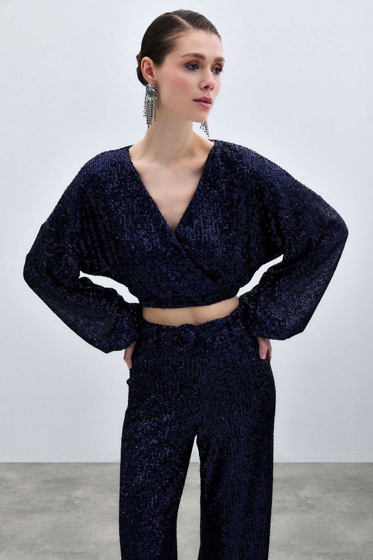 Sequined Double Breasted Blouse - Blue