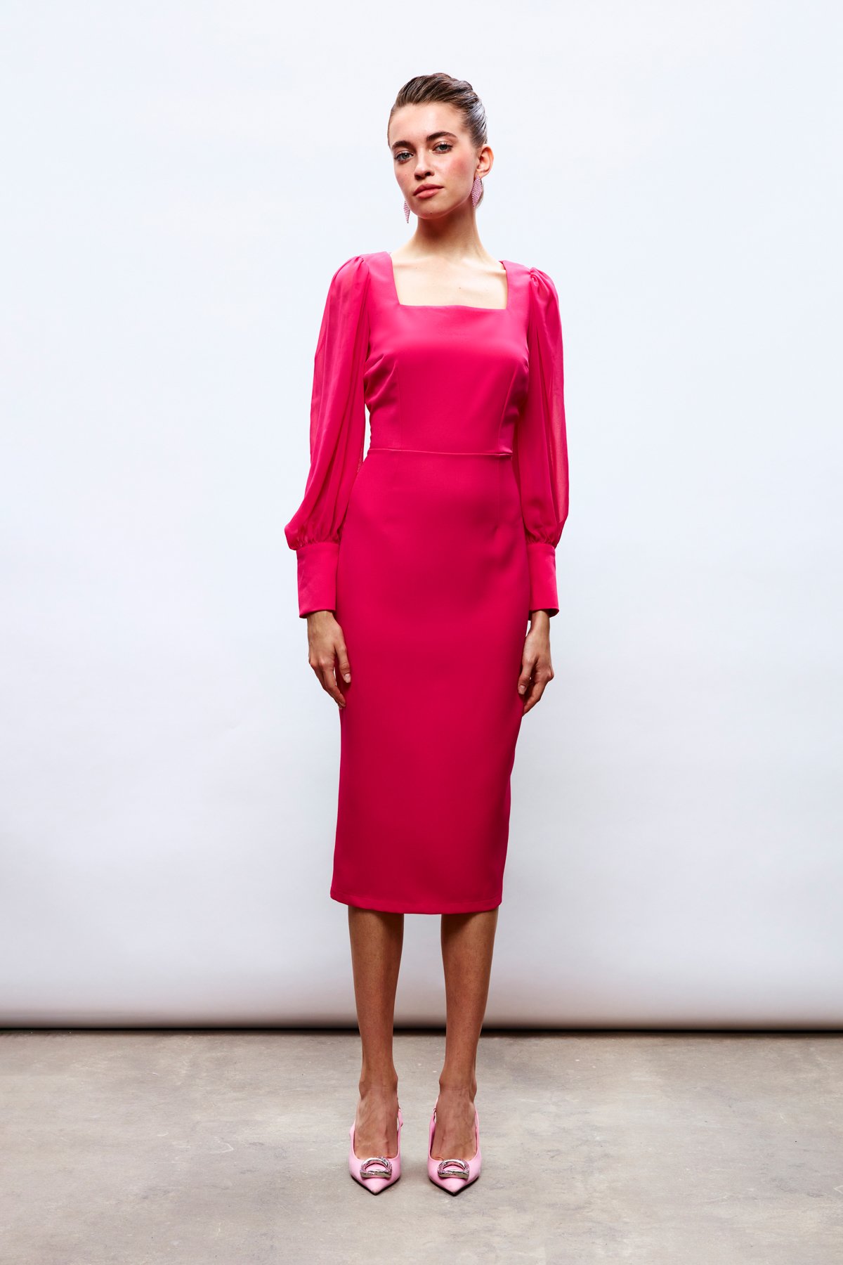 chiffon sleeve crepe dress - FuchsIa