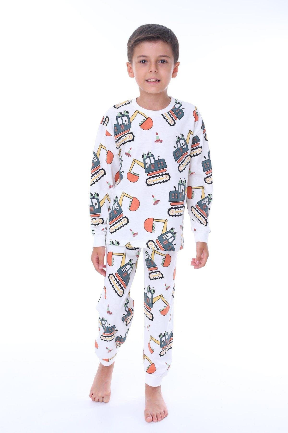3-8 Yaş Erkek Çocuk Kepçe Pijama Takımı Ekru