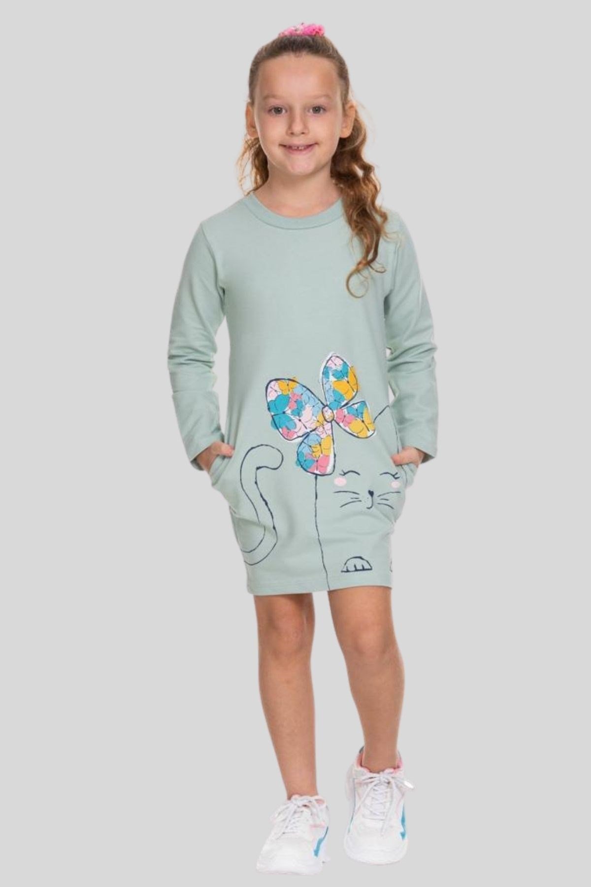 3-8 Yaş Kız Çocuk Kedi Desenli Sweat Elbise