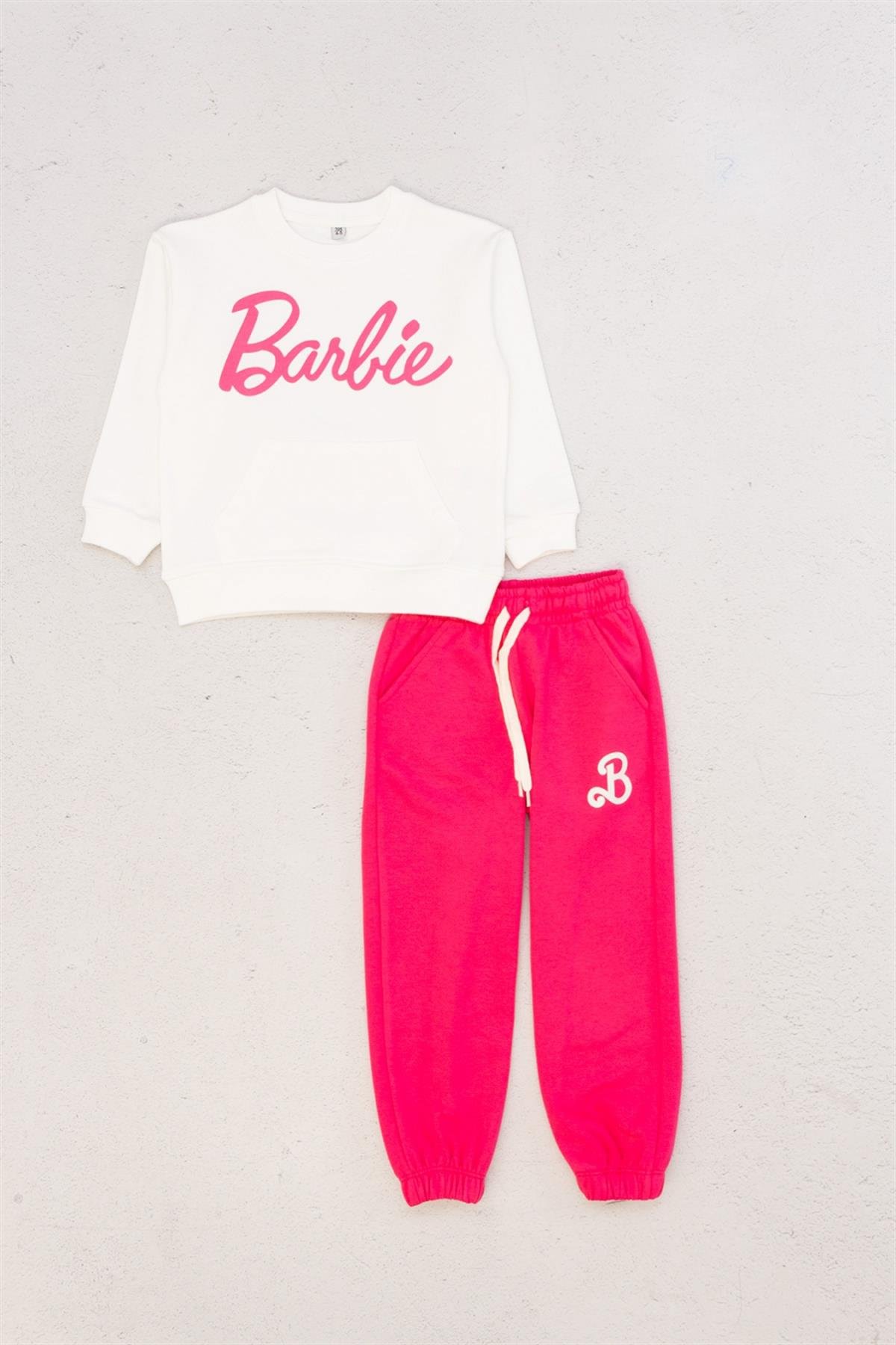 4-9 Yaş Kız Çocuk Barbie Eşofman Takımı Ekru-Pembe