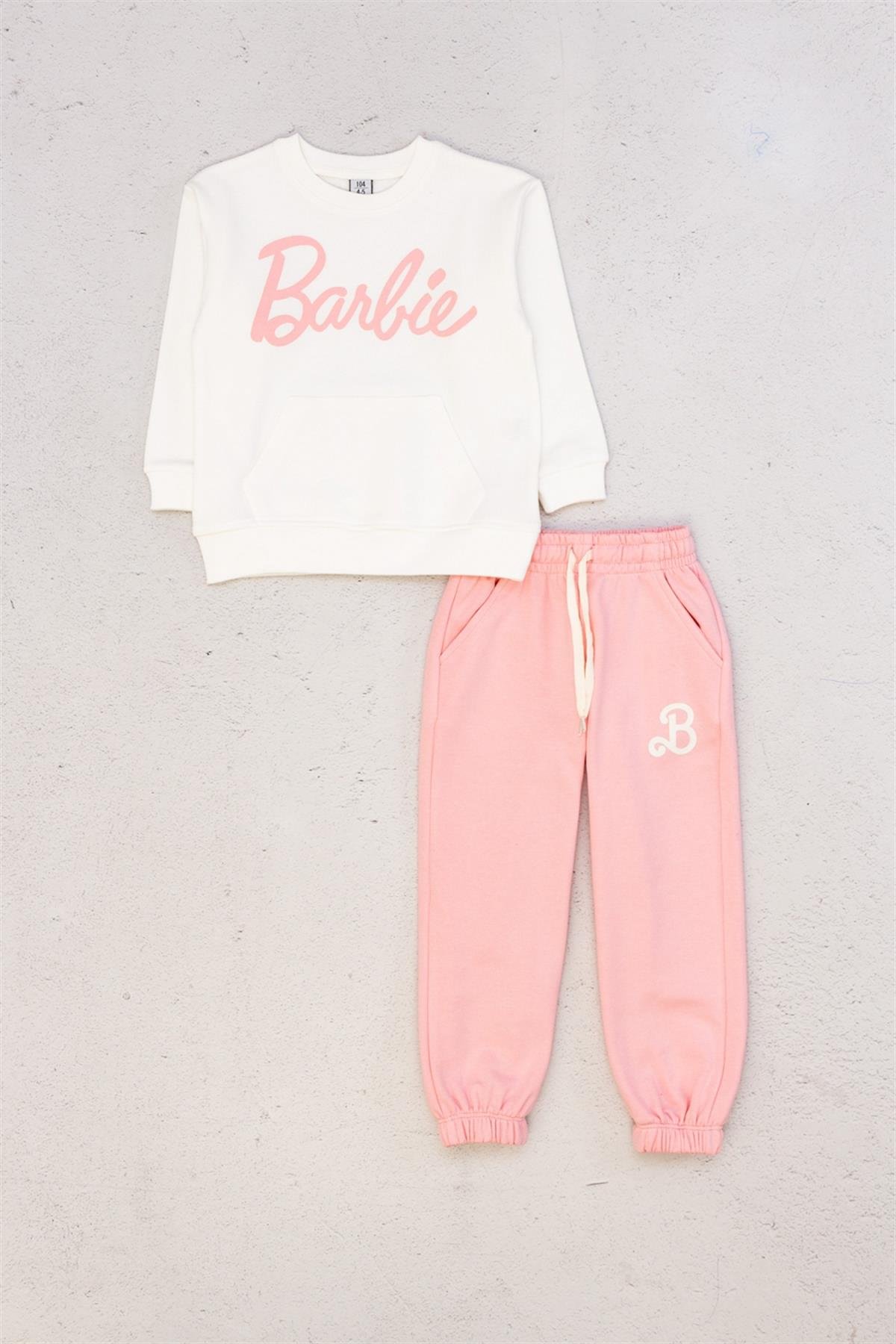 4-9 Yaş Kız Çocuk Barbie Eşofman Takımı Ekru-Pudra