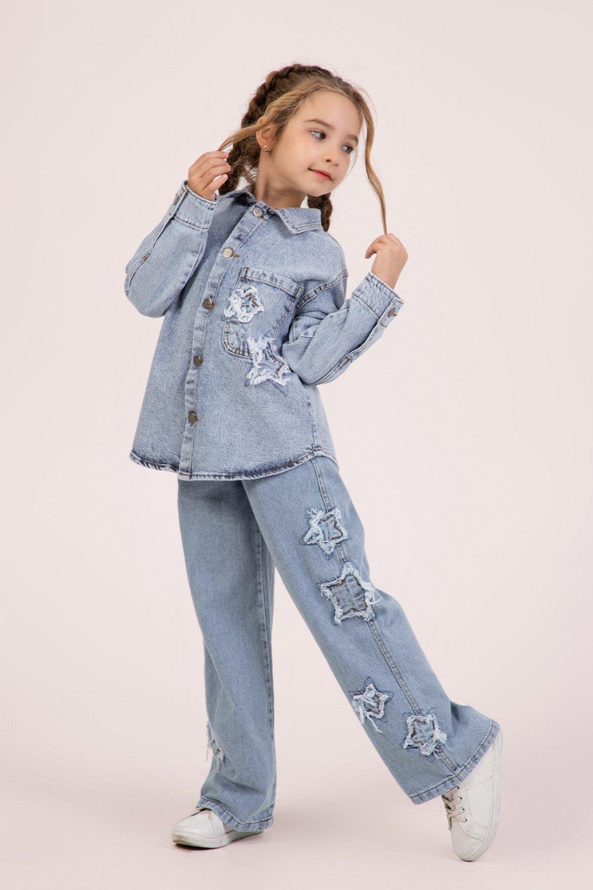 4-9 Yaş Kız Çocuk Nakışlı Denim Gömlek
