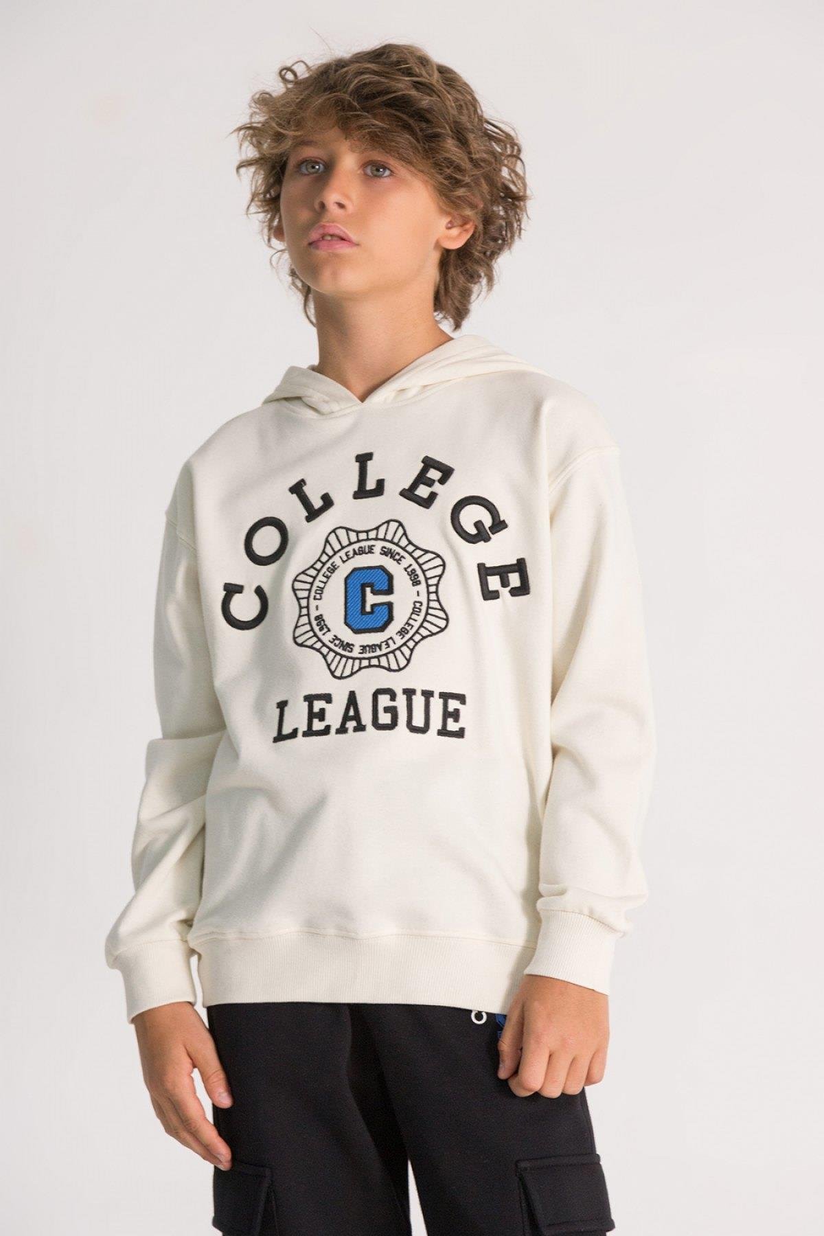 9-14 Yaş Erkek Çocuk Kapşonlu Sweat Ekru