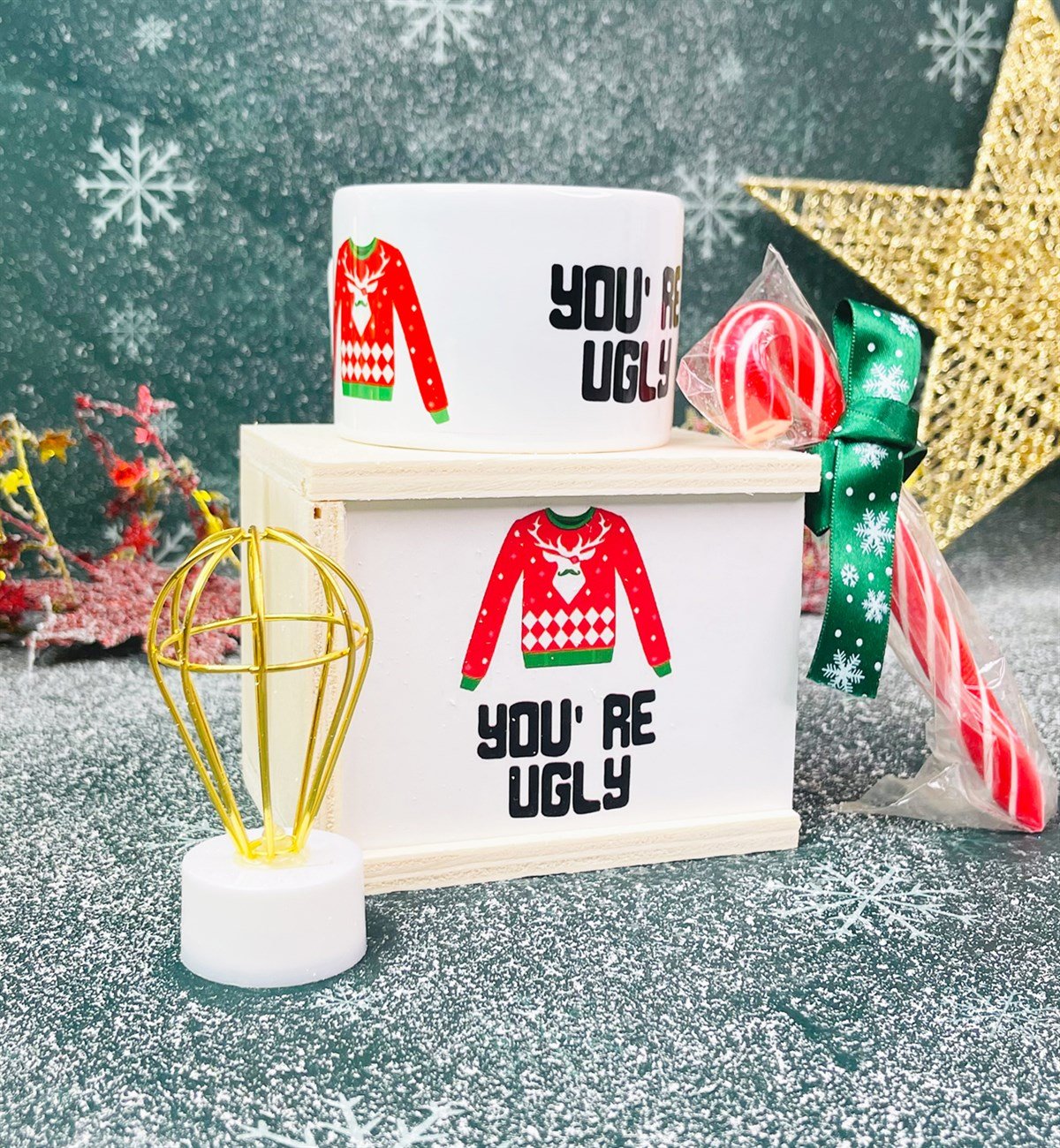 You're Ugly Tasarımlı Kutulu Kupa Baston Şeker Ve Mini Balon Gece Lambası Yılbaşı SetigiftmodaGmhs101299