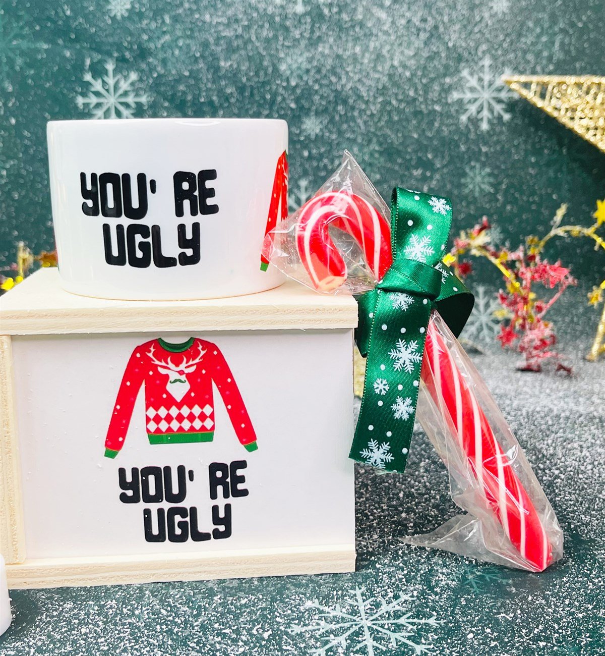 You're Ugly Tasarımlı Kutulu Kupa Baston Şeker Ve Mini Balon Gece Lambası Yılbaşı SetigiftmodaGmhs101299