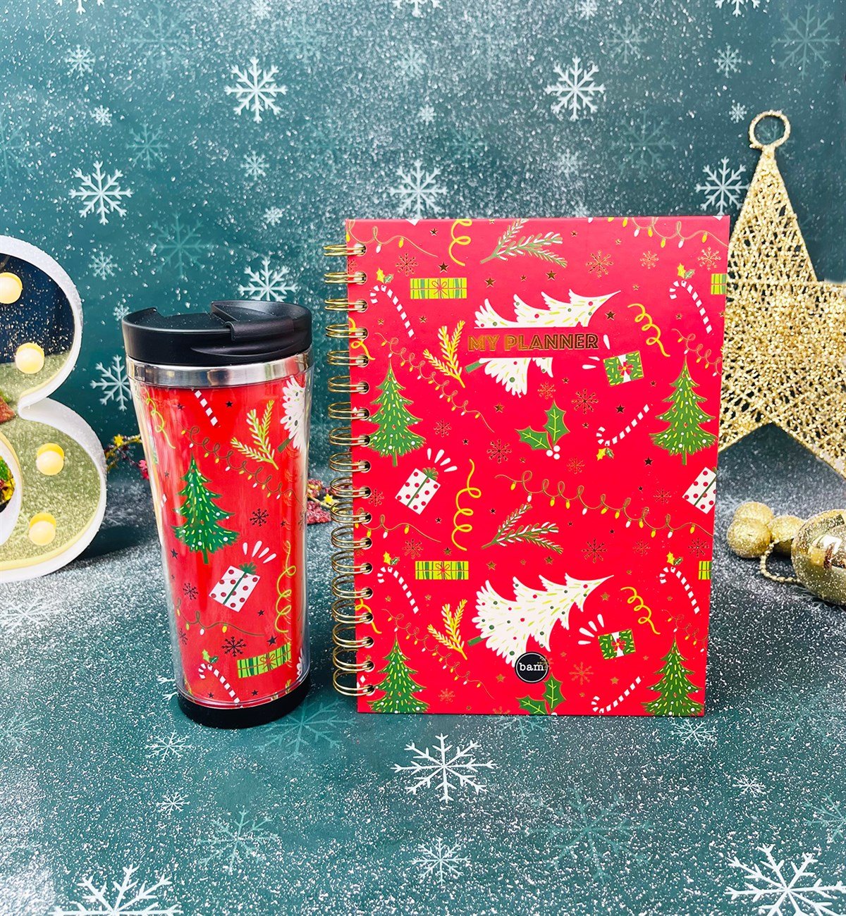 Kırmızı Yeni Yıl Tasarımlı Konuşan Ajanda Ve 400 Ml Termos Mug Bardak Yılbaşı Hediye SetigiftmodaGmhs101334