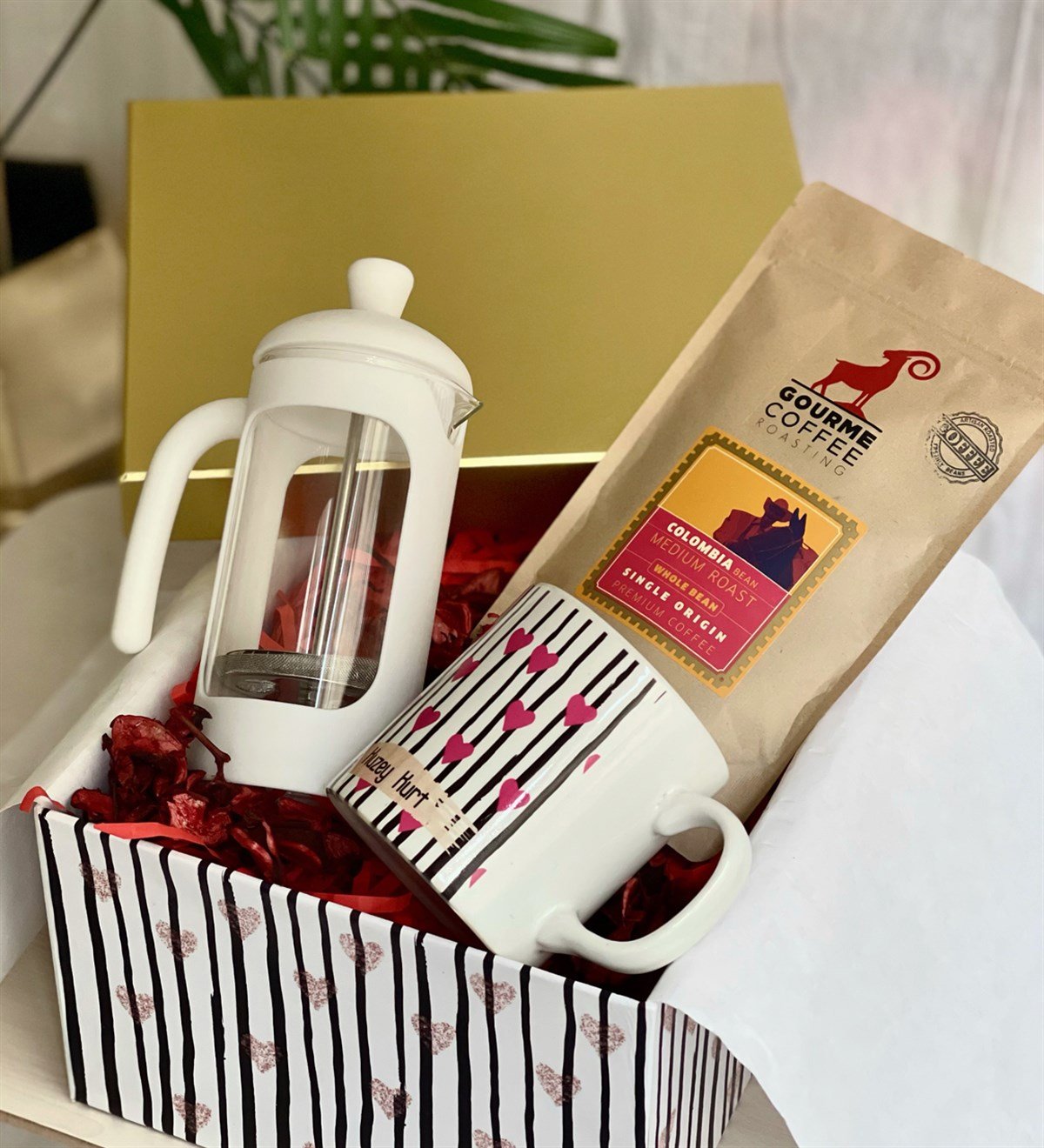 Kişiye Özel Pembe Işıltılı Kalp French Press & Filtre Kahveli Sevgiliye Hediye SetiGiftmodaGmhs100179