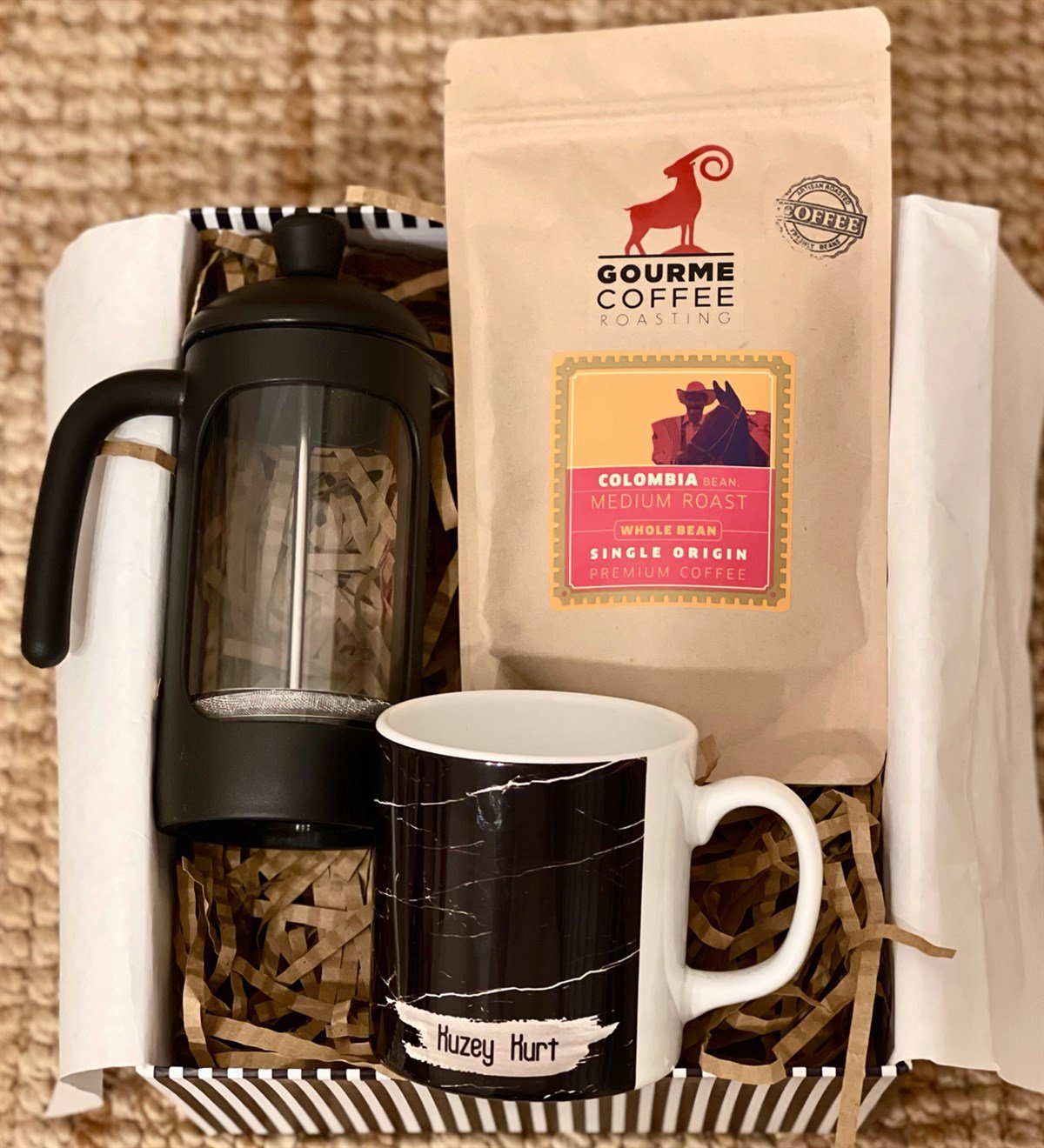 Kişiye Özel Siyah Mermer French Press & Filtre Kahveli Sevgiliye Hediye SetiGiftmodaGmhs100191