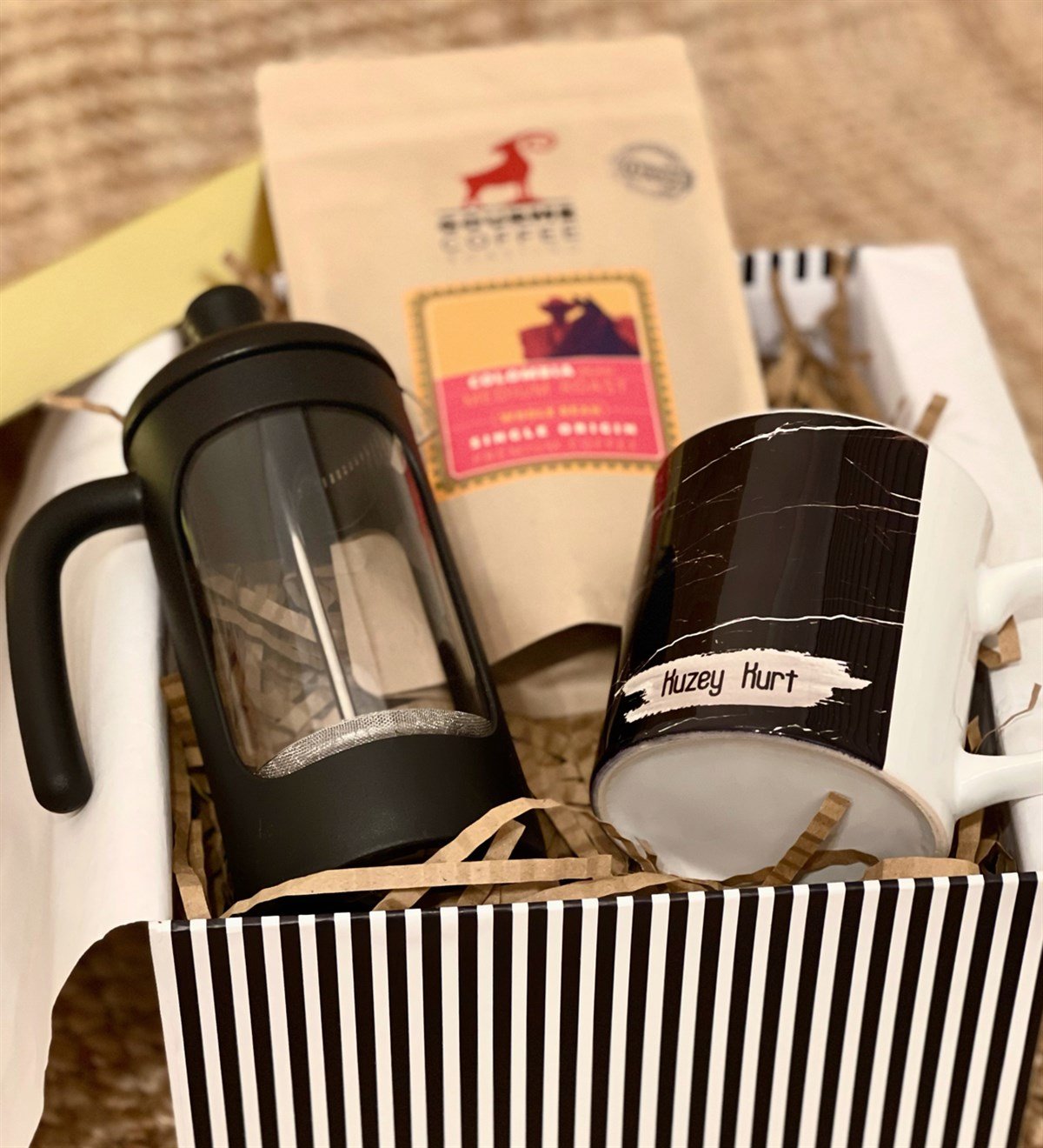 Kişiye Özel Siyah Mermer French Press & Filtre Kahveli Sevgiliye Hediye SetiGiftmodaGmhs100191