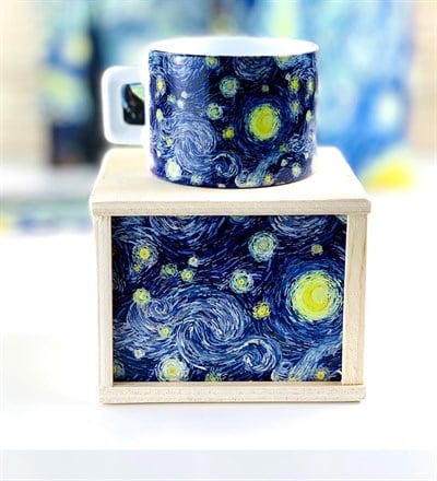 Tasarım Van Gogh Yıldızlı Geceler Albüm ve Ahşap Kutusunda Kupa Bardak