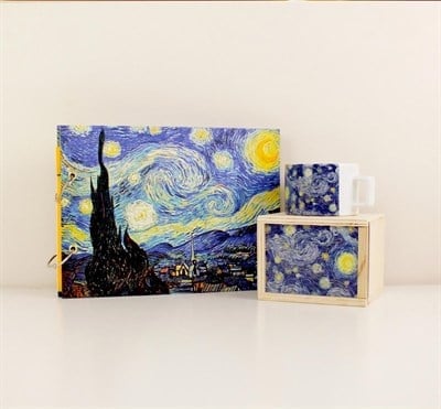 Tasarım Van Gogh Yıldızlı Geceler Albüm ve Ahşap Kutusunda Kupa Bardak