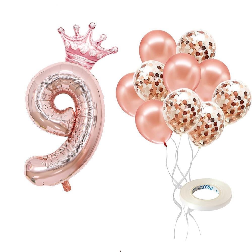 9 Rakam Rose Gold Folyo Balon, Kral Tacı Ve Konfetili Rose Gold Balon