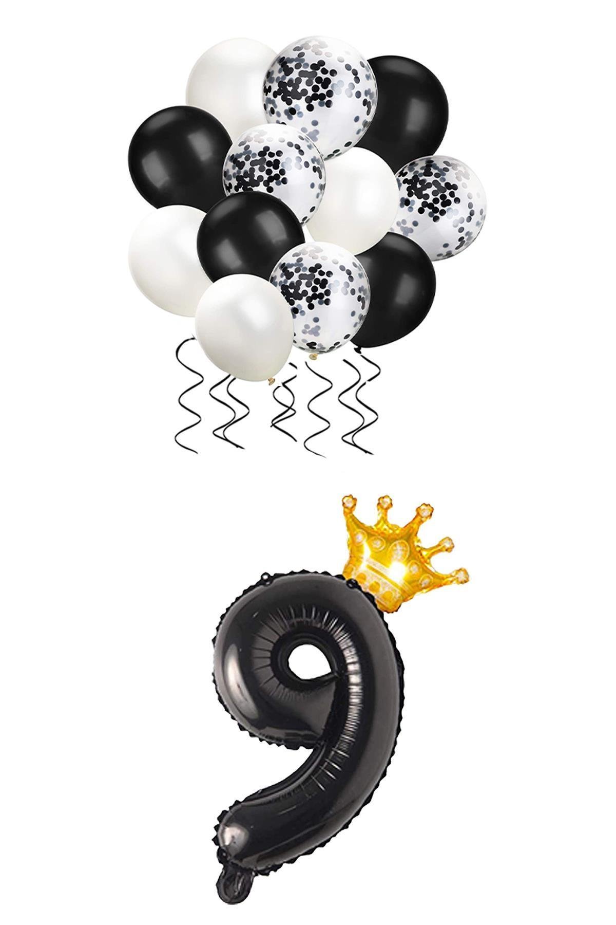 9 Rakam Siyah Folyo Balon, Kral Tacı Ve Konfetili Siyah Balon Set