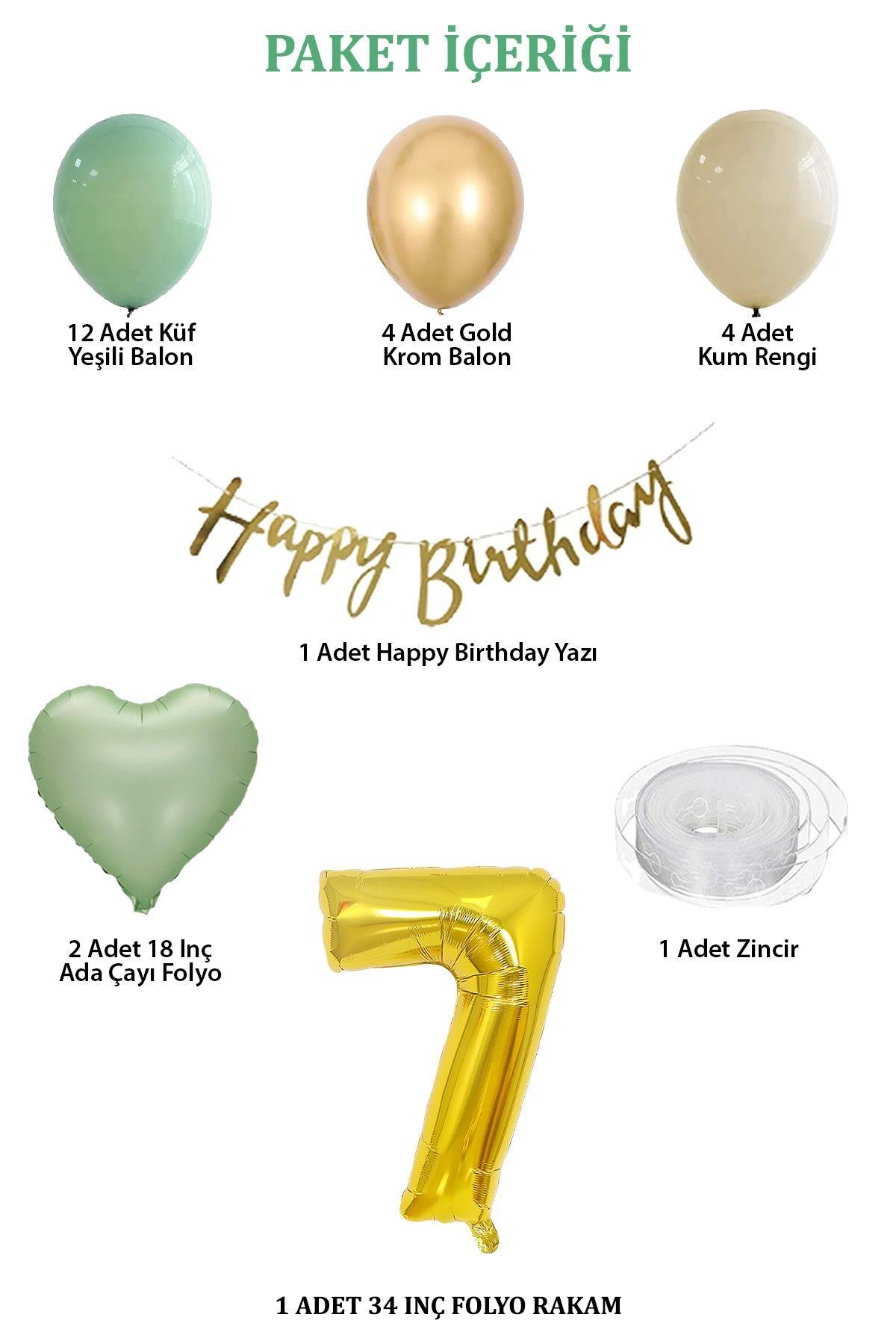 Adaçayı Konsept 7 Yaş Doğum Günü Seti ; Küf Yeşili-Krom Gold- Deniz Kumu ve Adaçayı Kalp Folyo Balon
