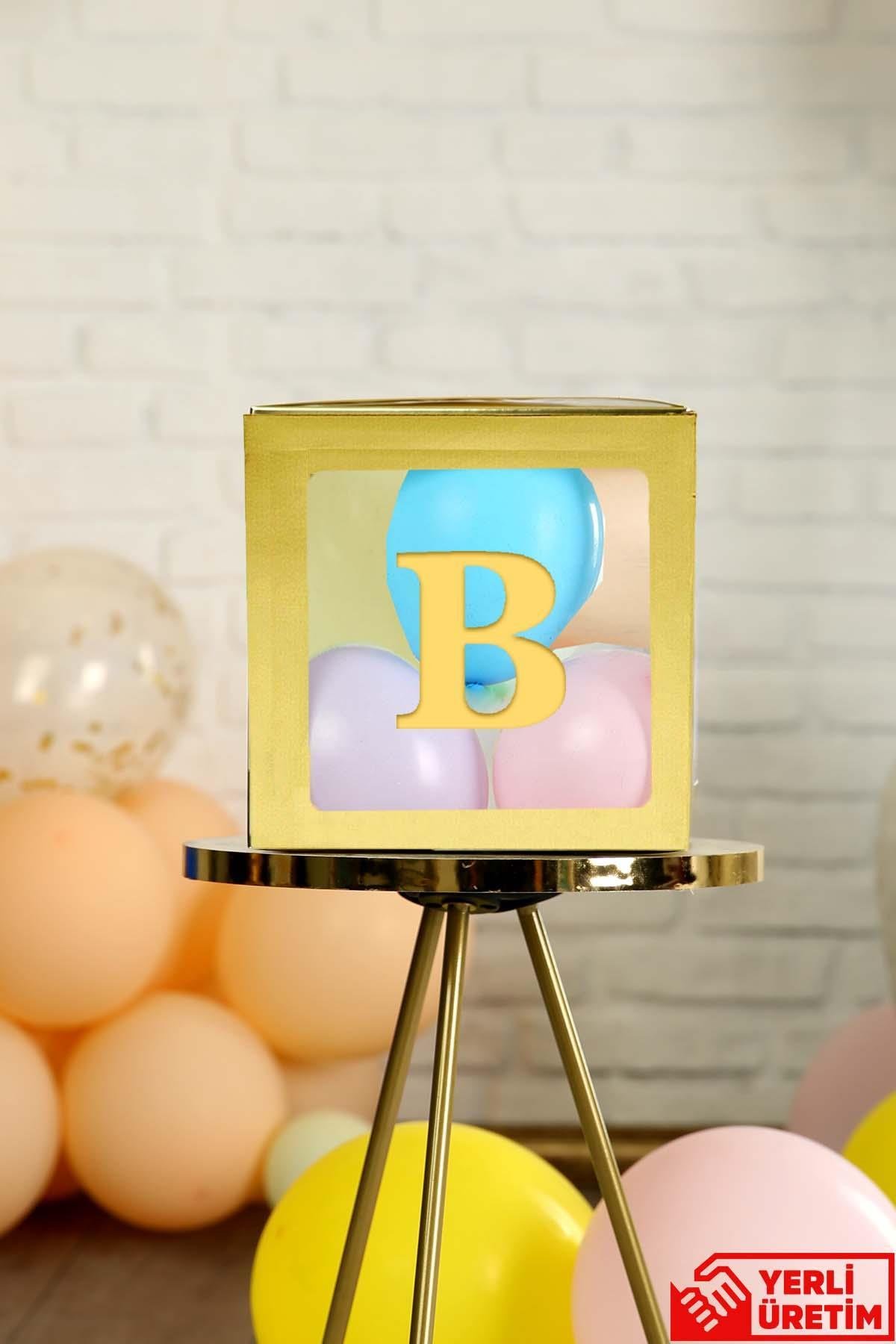 B Harfli Gold Şeffaf Büyük Boy 25*25 cm Balon Kutusu Kendin Yap Doğum Günü Parti Kutlama Seti
