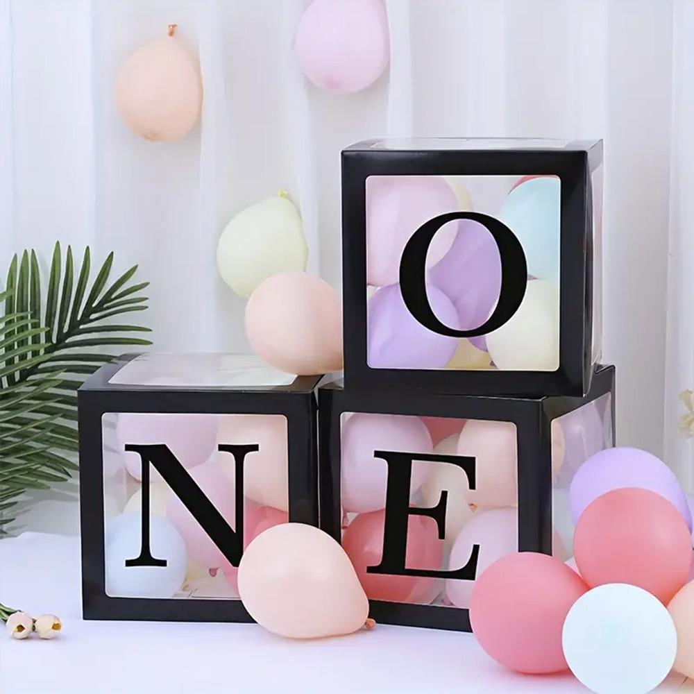 I Harfli Siyah Şeffaf Büyük Boy 25*25 cm Balon Kutusu Kendin Yap Doğum Günü Parti Kutlama Seti