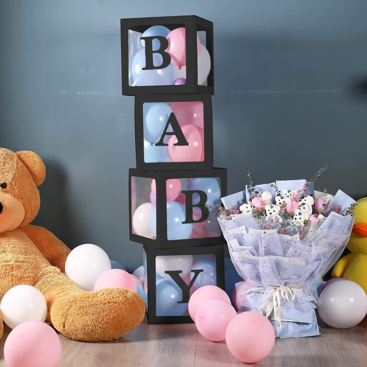 I Harfli Siyah Şeffaf Büyük Boy 25*25 cm Balon Kutusu Kendin Yap Doğum Günü Parti Kutlama Seti
