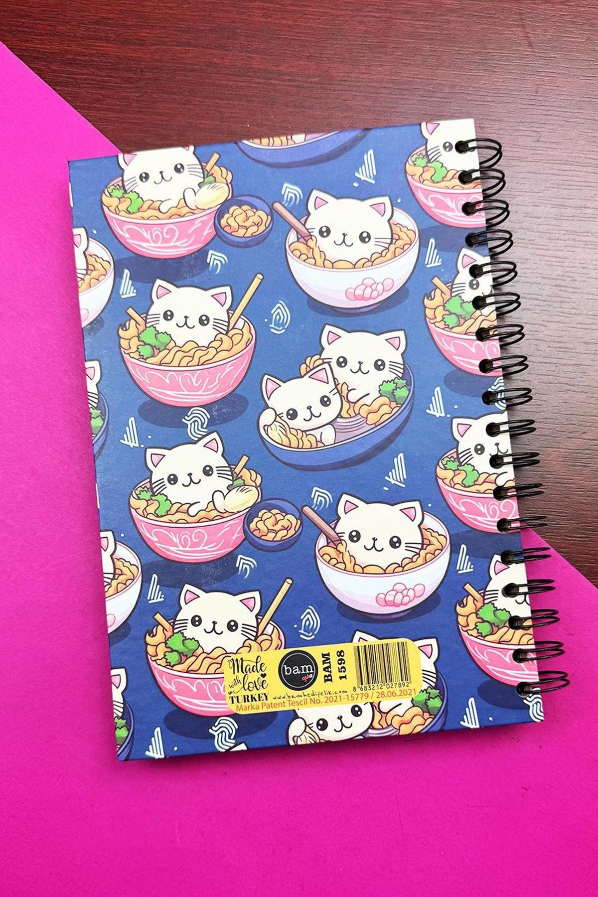 Kedi Noodle Tasarımlı Spiralli Sticker'lı Tarihsiz Konuşan Ajanda Haftalık Planlayıcı Defter
