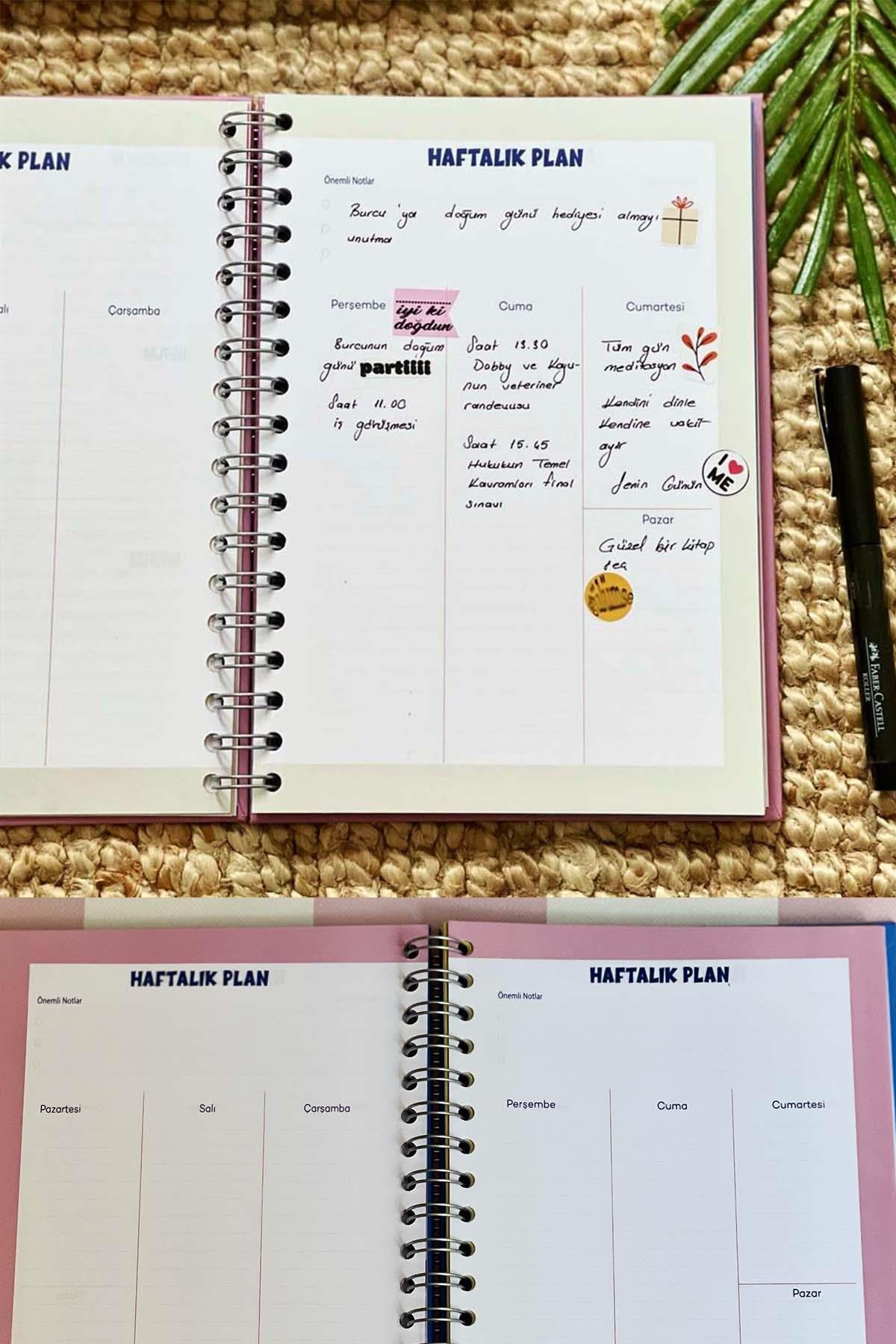 Kedi Noodle Tasarımlı Spiralli Sticker'lı Tarihsiz Konuşan Ajanda Haftalık Planlayıcı Defter