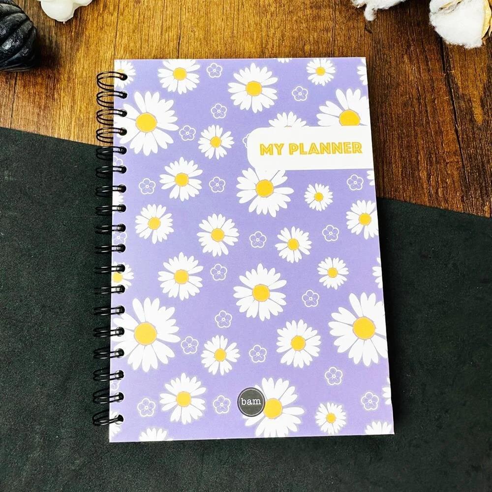 Mor Papatya Tasarımlı Spiralli Sticker'lı Tarihsiz Konuşan Ajanda Haftalık Planlayıcı Defter