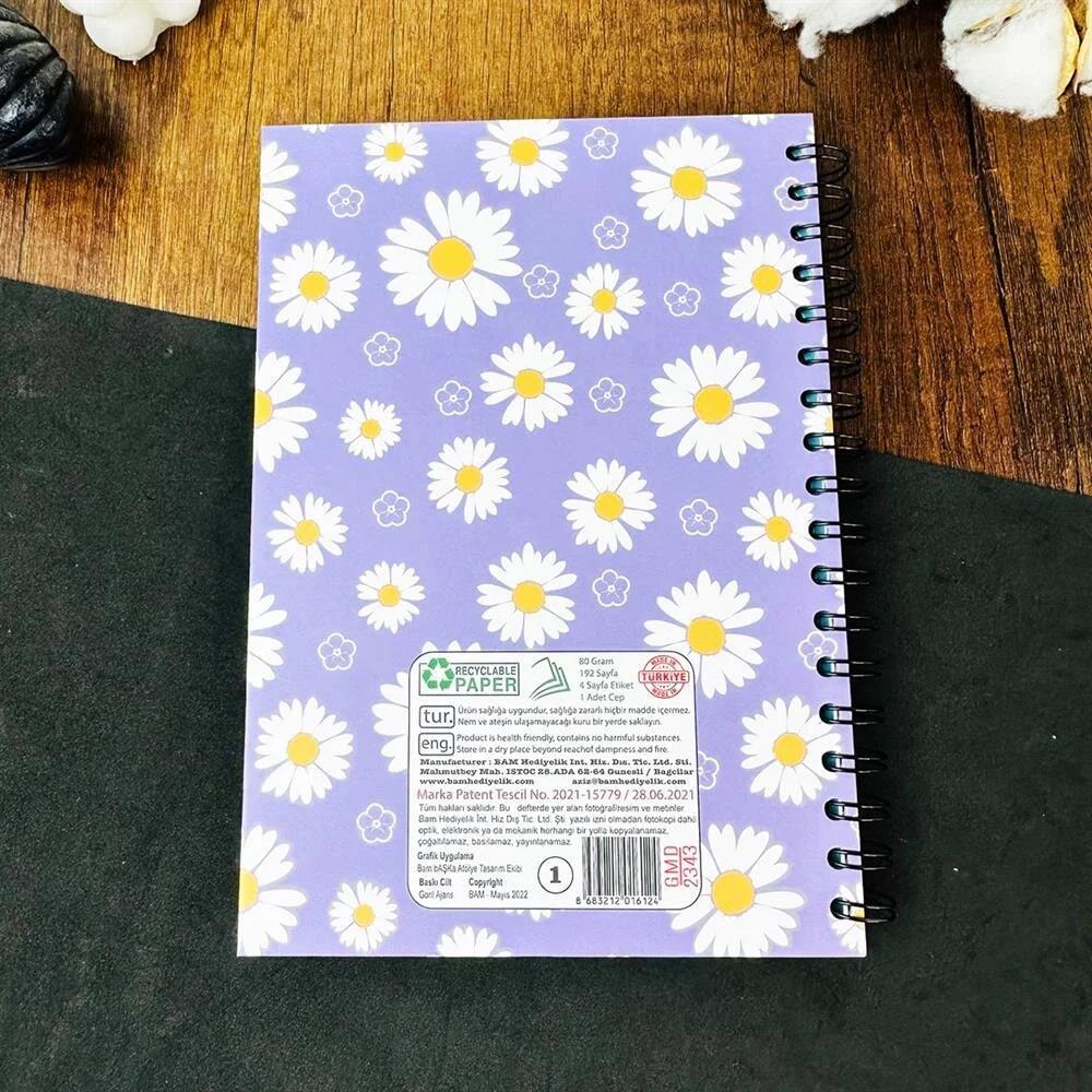 Mor Papatya Tasarımlı Spiralli Sticker'lı Tarihsiz Konuşan Ajanda Haftalık Planlayıcı Defter