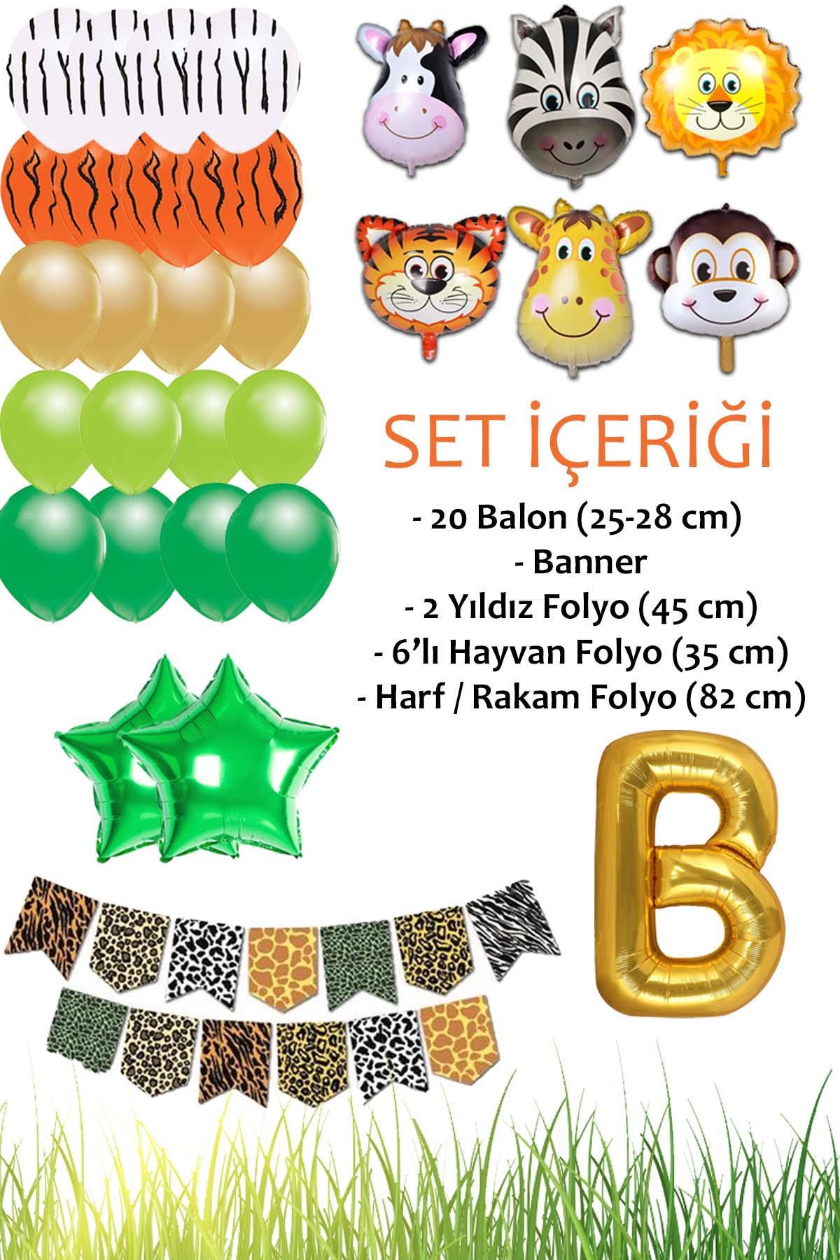 Safari Konsepti B Harfli Doğum Günü Parti Kutlama Seti; Harf ve Yıldız Folyo, Banner ve Balon Zinciri