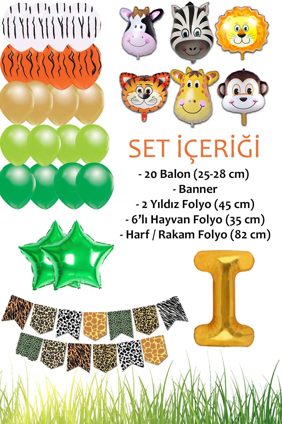 Safari Konsepti I Harfli Doğum Günü Parti Kutlama Seti; Harf ve Yıldız Folyo, Banner ve Balon Zinciri