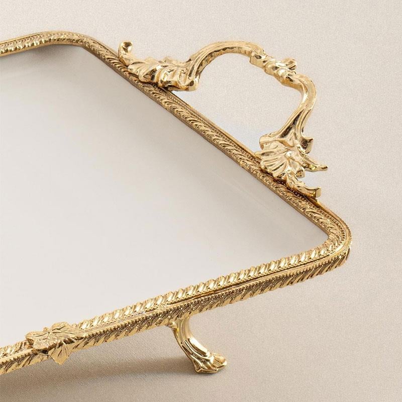 Dikdörtgen Kulplu Porselen Sunum Tabağı 30 x 22 cm Altın - Çamlıca Home