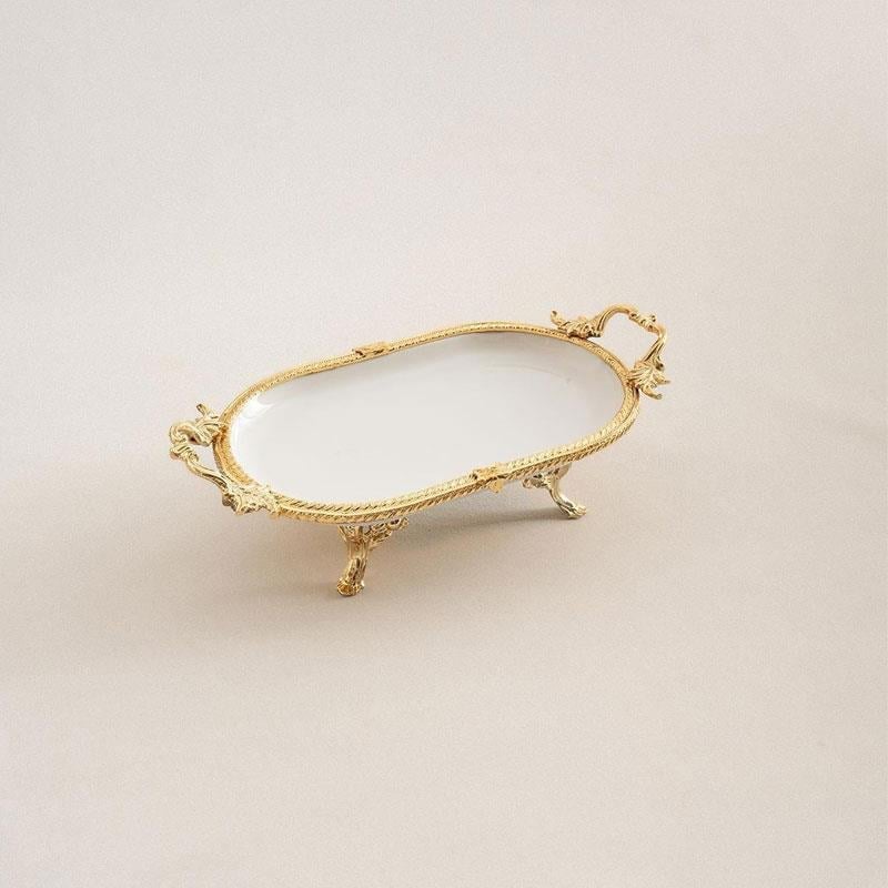 Oval Kulplu Porselen Sunum Tabağı 25 x 15 cm Altın - Çamlıca Home