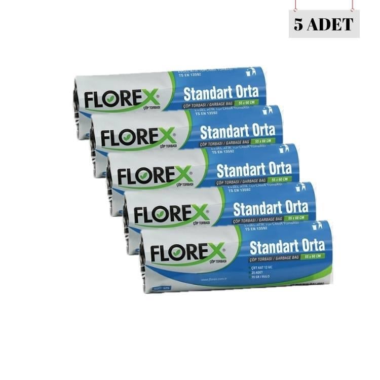 FLOREX 55*60 13 MİCRON STANDART ORTA BOY ÇÖP POŞETİ (5 ADET)