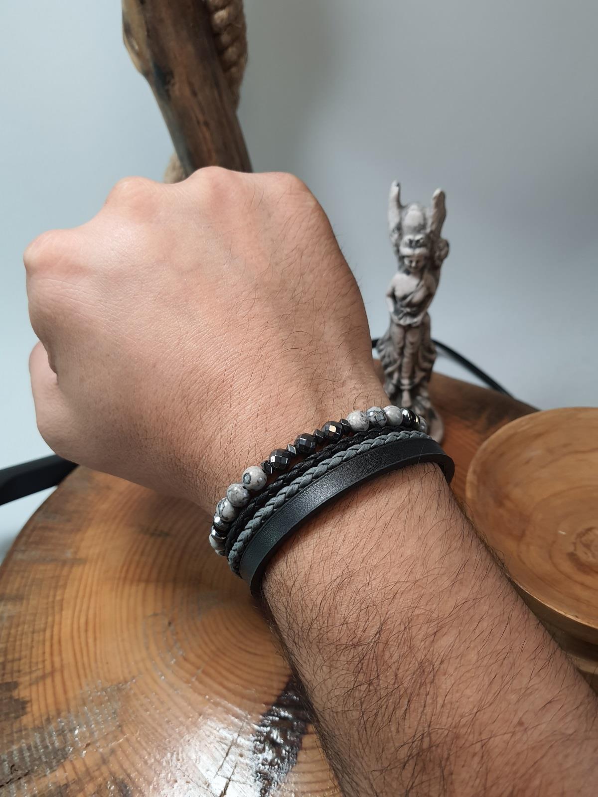 BileklikJTSS23KOB1307 JANTİ 2'Lİ KOMBİN BİLEKLİK JASPER HEMATİT ONYX SERTİFİKALI DOĞALTAŞ ve DERİ KUTULU GARANTİLİJanti