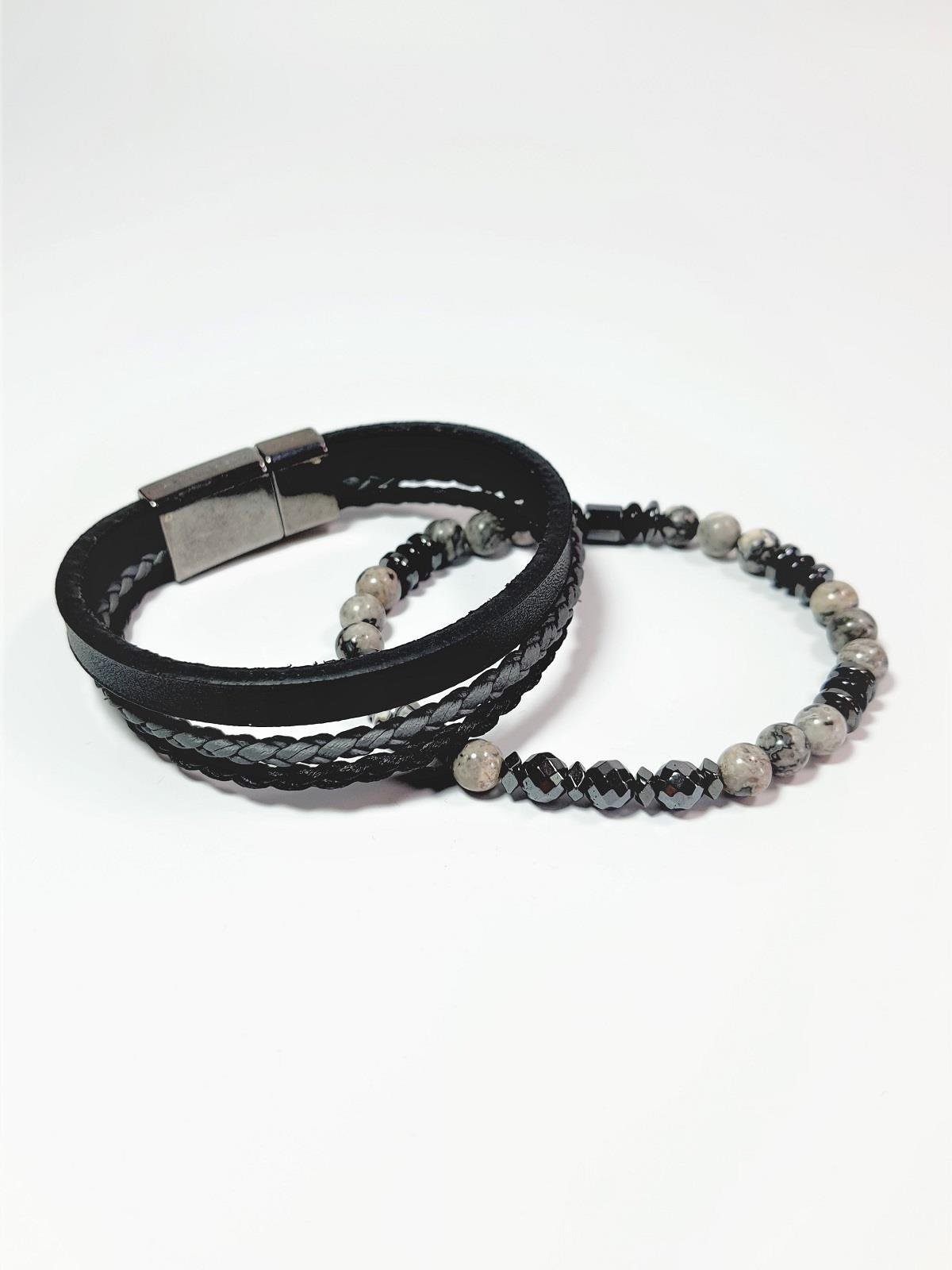 BileklikJTSS23KOB1307 JANTİ 2'Lİ KOMBİN BİLEKLİK JASPER HEMATİT ONYX SERTİFİKALI DOĞALTAŞ ve DERİ KUTULU GARANTİLİJanti