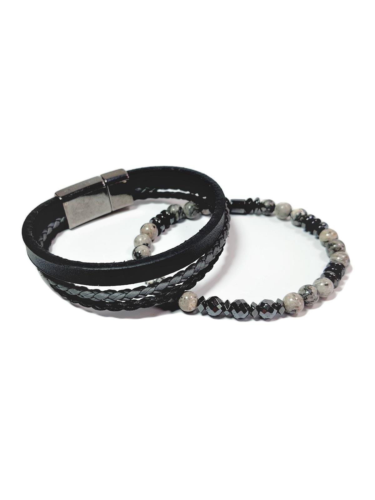 BileklikJTSS23KOB1307 JANTİ 2'Lİ KOMBİN BİLEKLİK JASPER HEMATİT ONYX SERTİFİKALI DOĞALTAŞ ve DERİ KUTULU GARANTİLİJanti