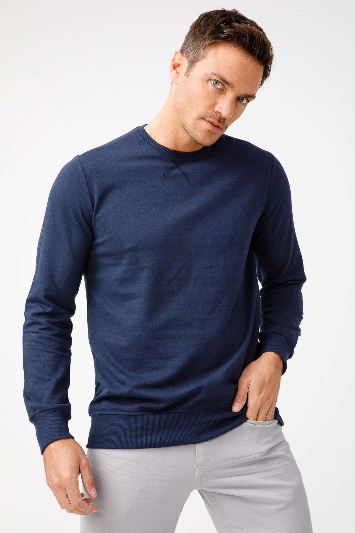 Erkek Lacivert Modernfit / Ekstra Dar Kalıp Bisiklet Yaka Sweatshirt