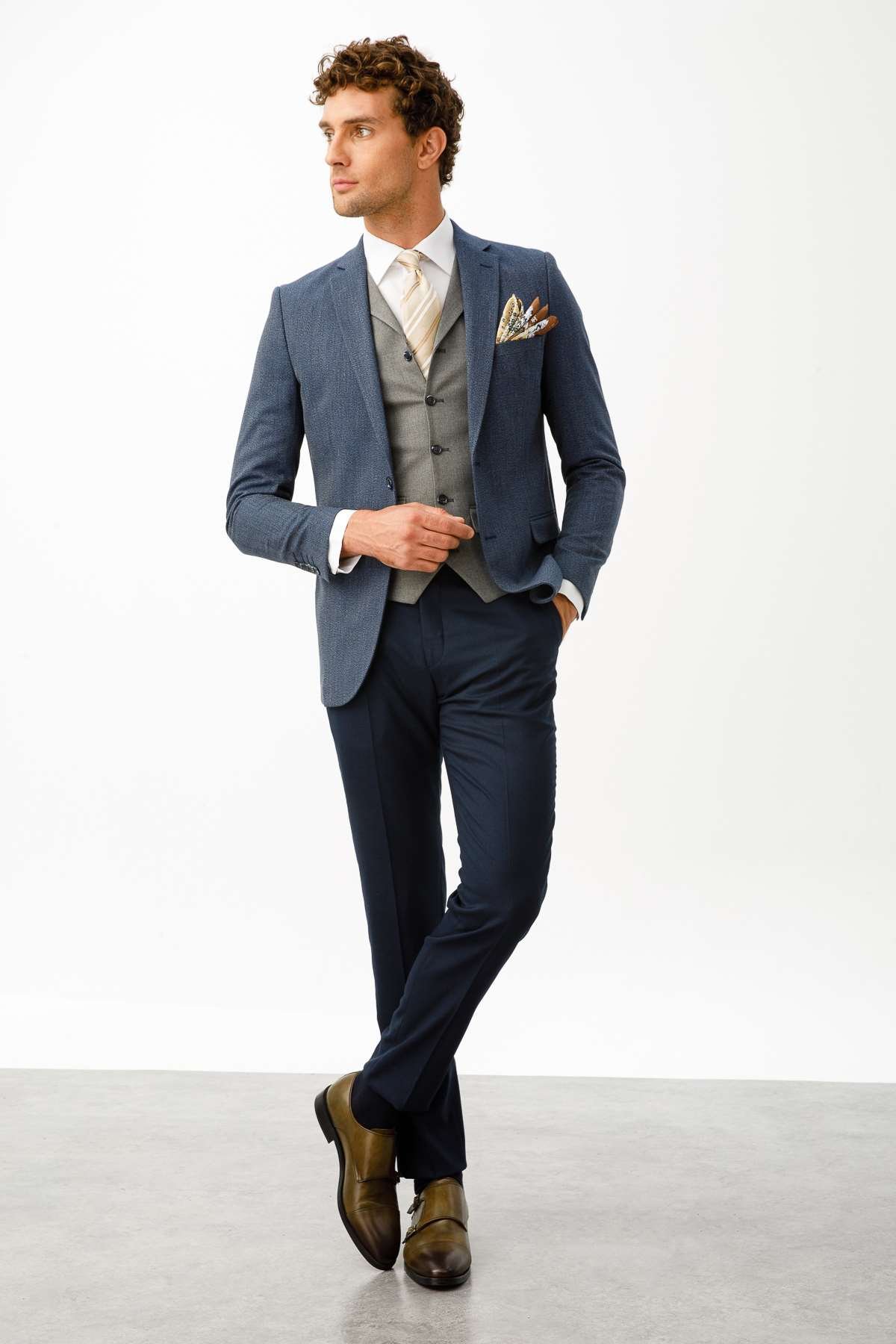 ERKEK LACİVERT SLIM FIT / DAR KALIP İNCE MONO YAKA KOMBİNLİ TAKIM ELBİSE