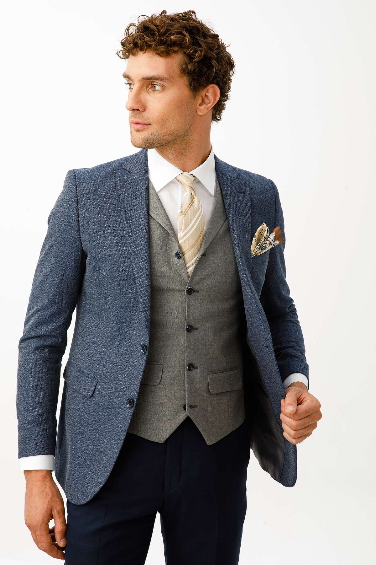 ERKEK LACİVERT SLIM FIT / DAR KALIP İNCE MONO YAKA KOMBİNLİ TAKIM ELBİSE