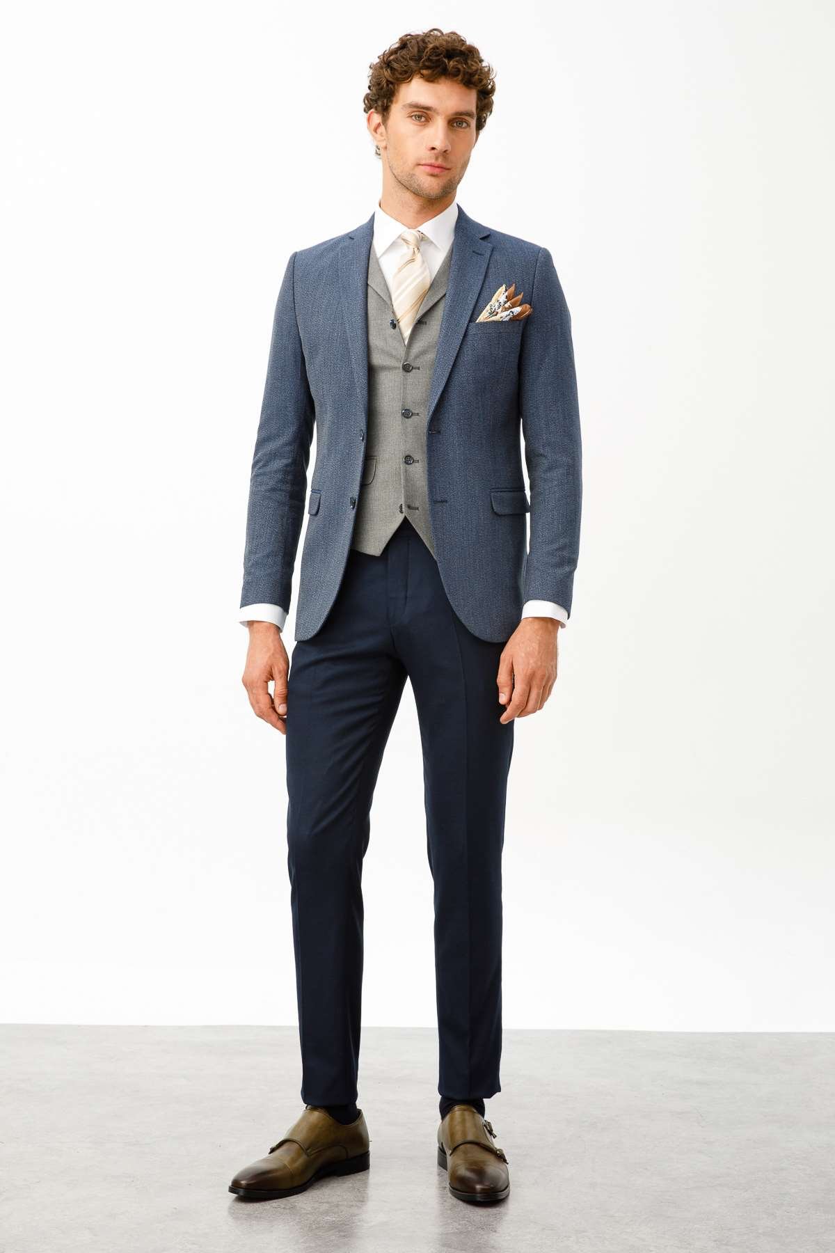 ERKEK LACİVERT SLIM FIT / DAR KALIP İNCE MONO YAKA KOMBİNLİ TAKIM ELBİSE