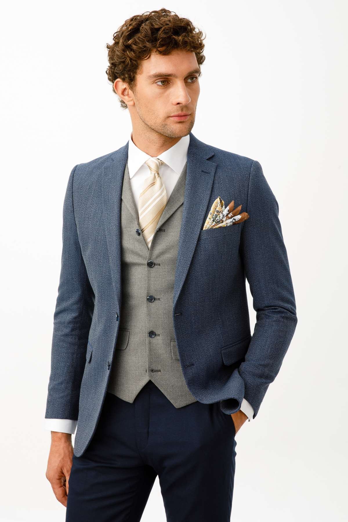 ERKEK LACİVERT SLIM FIT / DAR KALIP İNCE MONO YAKA KOMBİNLİ TAKIM ELBİSE