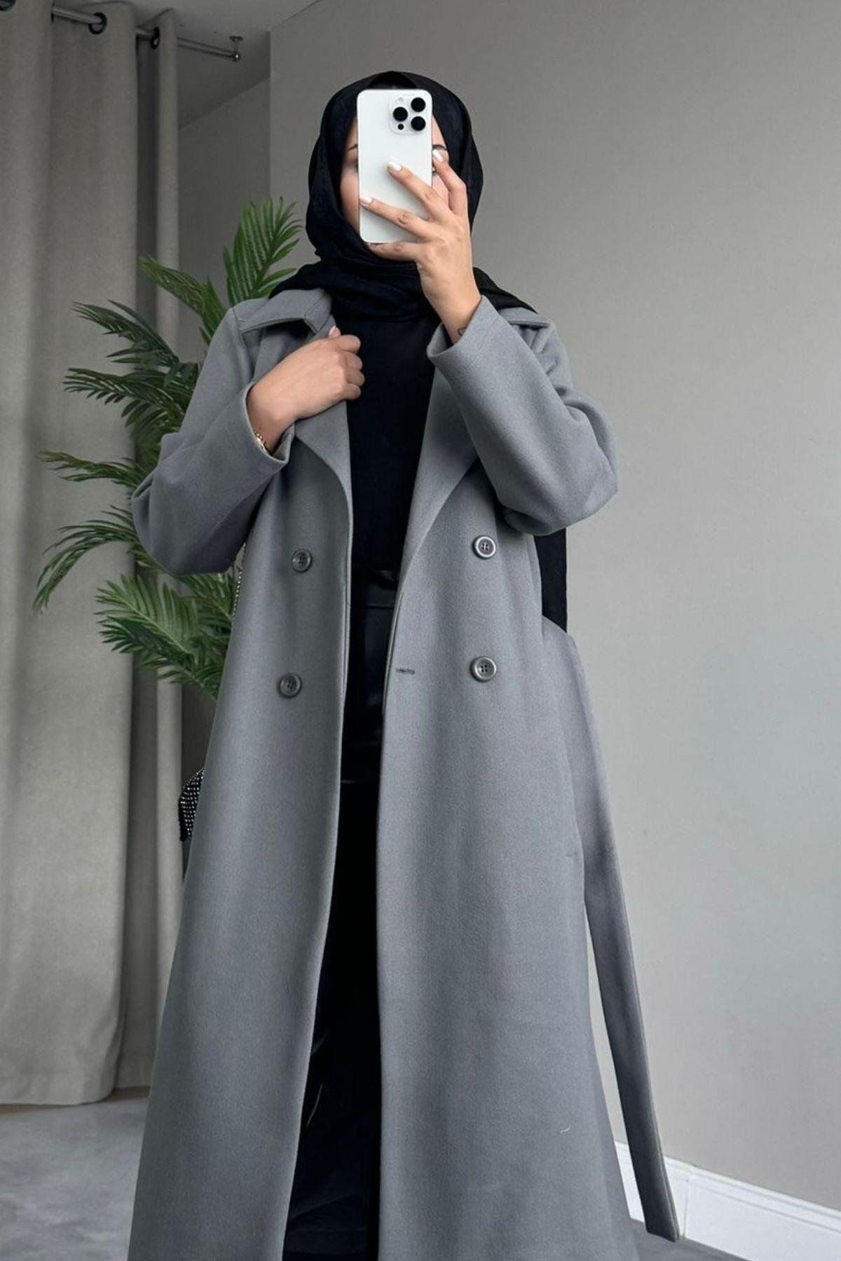 Parle Kaşe Kaban Gri, Fiyatları Parle Kaşe Kaban Gri – Haza Moda | Tesettür Giyim