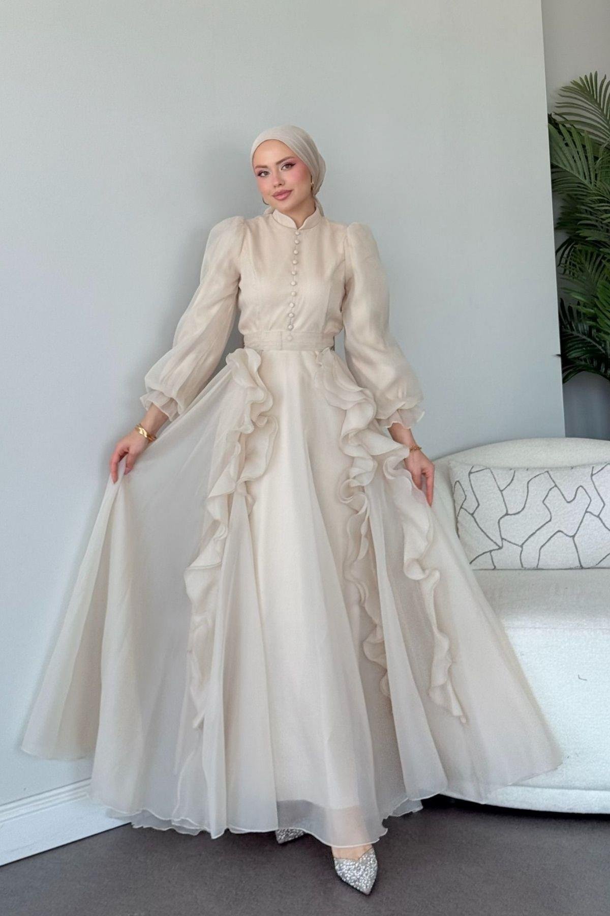 Samira Janjan Abiye Ekru, Fiyatları Samira Janjan Abiye Ekru- Haza Moda 