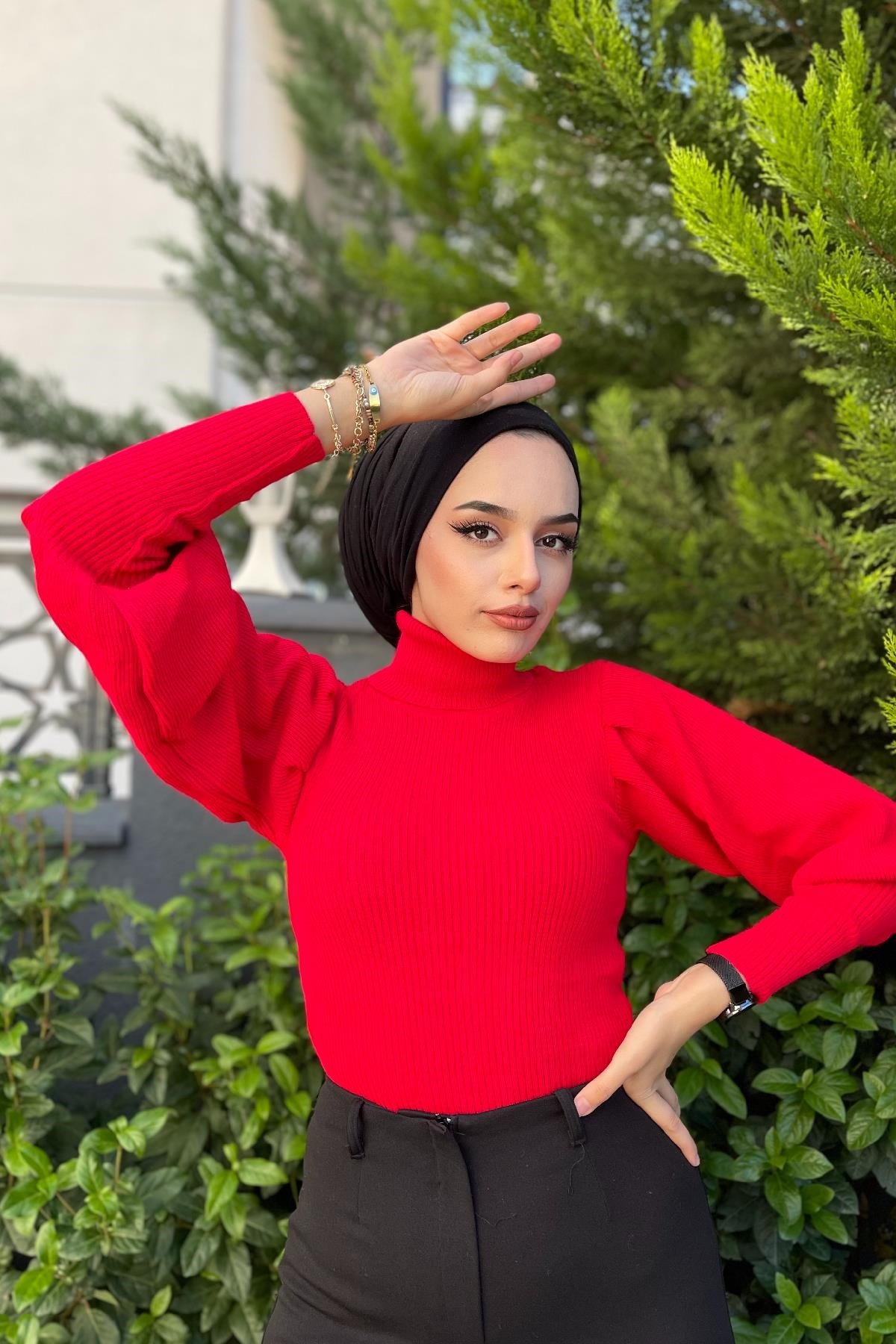 Triko Kazak Balon Kol-KIRMIZI, Fiyatları Balıkçı Triko Kazak-BEJ – Haza Moda | Tesettür Giyim
