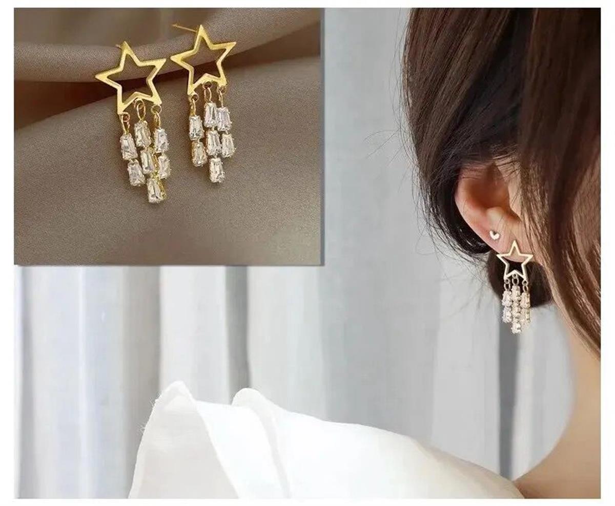 Gold Baget Taş Saçaklı Yıldız Küpe
