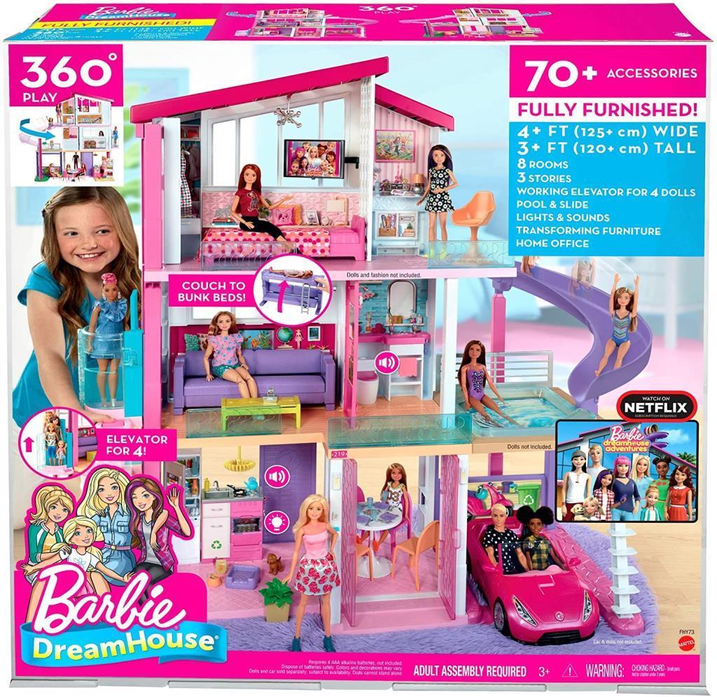barbieBarbie'nin Üç Katlı Rüya Evi ve Aksesuarları Oyun Seti, Havuzlu, Kaydıraklı, Asansörlü Bebek Evi FHY73