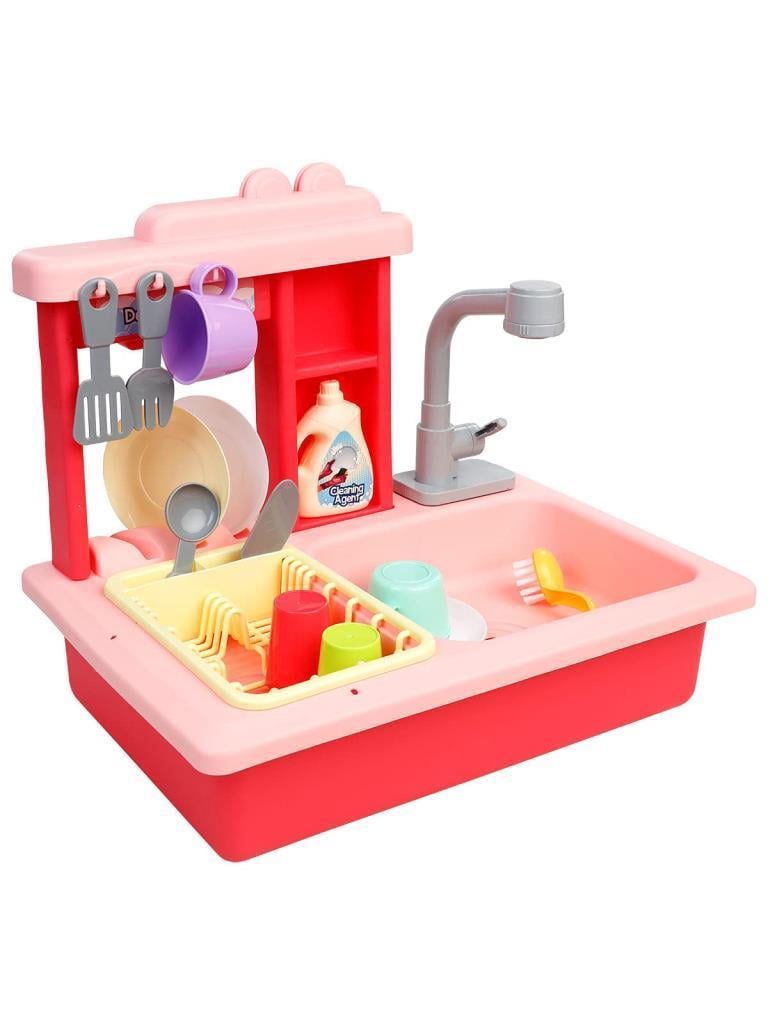 CAN OYUNCAKCan Oyuncak Pilli Su Hazneli Devir Daimli Lavabo Mutfak Bulaşık Yıkama Seti Pembe